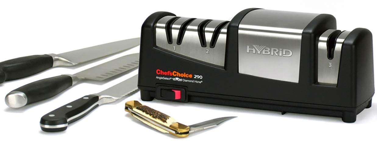 Chef’sChoice 290 AngleSelect Hybrid Diamond Hone Knife Sharpener Combines Electric and Manual Sharpening for Straight and Serrated Knives with Patented Finishing Stage Made in USA, 3-Stage, Black