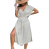 CUPSHE Women Beach Cover Up V Neck Short Sleeve Striped Midi Swimsuit Coverup Dress XS-XXL