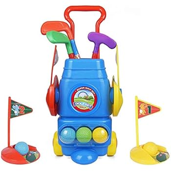 ToyVelt Kids Golf Club Set - Golf CartWith Wheels, 3 Colorful Golf Sticks, 3 Balls & 2 Practice Holes - Fun Young Golfer Sports Toy Kit for Boys &Girls - Promotes Physical & Mental Development