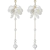 Kruckel Pearl Flower Long Drop Dangling Earrings - Cute Sparkly Golden Stud Lightweight Women Jewelry, White Petal Dangles, Easy - Wear Fashion Design Accessory with Durable Jewelry Box