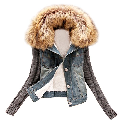 OUCHI Women Winter Denim Faux Fur Hooded Slim Fitted Quilted Coat Jacket M Blue