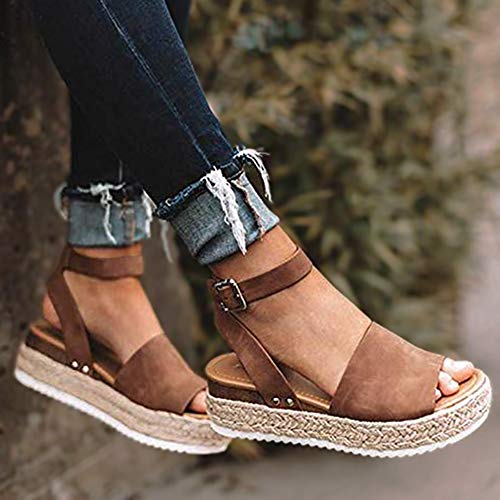 Joywow Women Sandals Casual Espadrilles Sandals Open Toe Platform Strappy Studded Wedge Buckle Ankle Strap Mid Heel Sandals (8 M US, C Brown Women Sandals) - Thumbnail 7