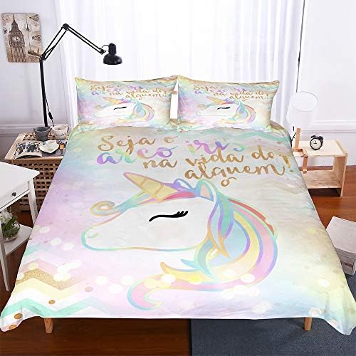 CWHALE Duvet Cover Quilt Three-Piece with Rainbow Unicorn 3D Printing Keep Warm Beding Sheet Set for Children's Room Decoration Teens and Adults Bed Collection,AD180210
