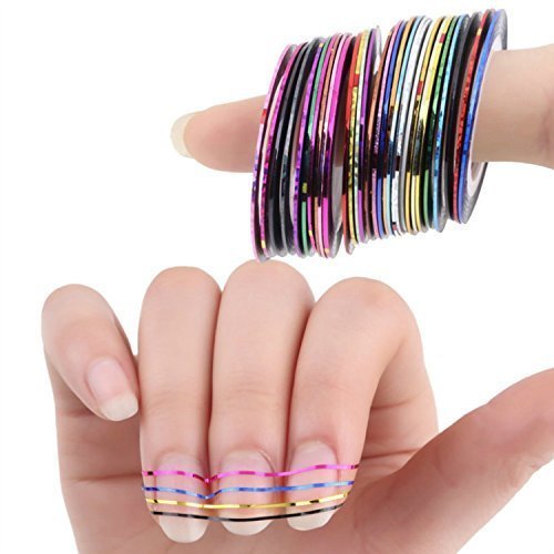 levylisa 30 Rolls Nail Sticker Line Mixed Color Nails Striping Tape Decal For DIY 3D Nail Art Tips Decorations Foil,Metallic Holo, Colors, Stripes
