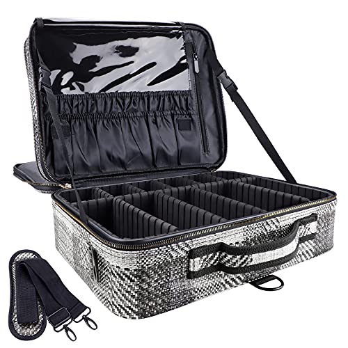 Oewoer PU Leather Large Makeup Bag 3 Layers Cosmetic Organizer Case Portable Artist Travel Make Up Storage Box with Shoulder Strap and Adjustable Dividers