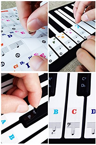 Piano Stickers for Keys,Removable Music Note Full Set Stickers and Keyboard White and Black Keys Double Layer Coating for 49/61 / 76/88 Keyboards