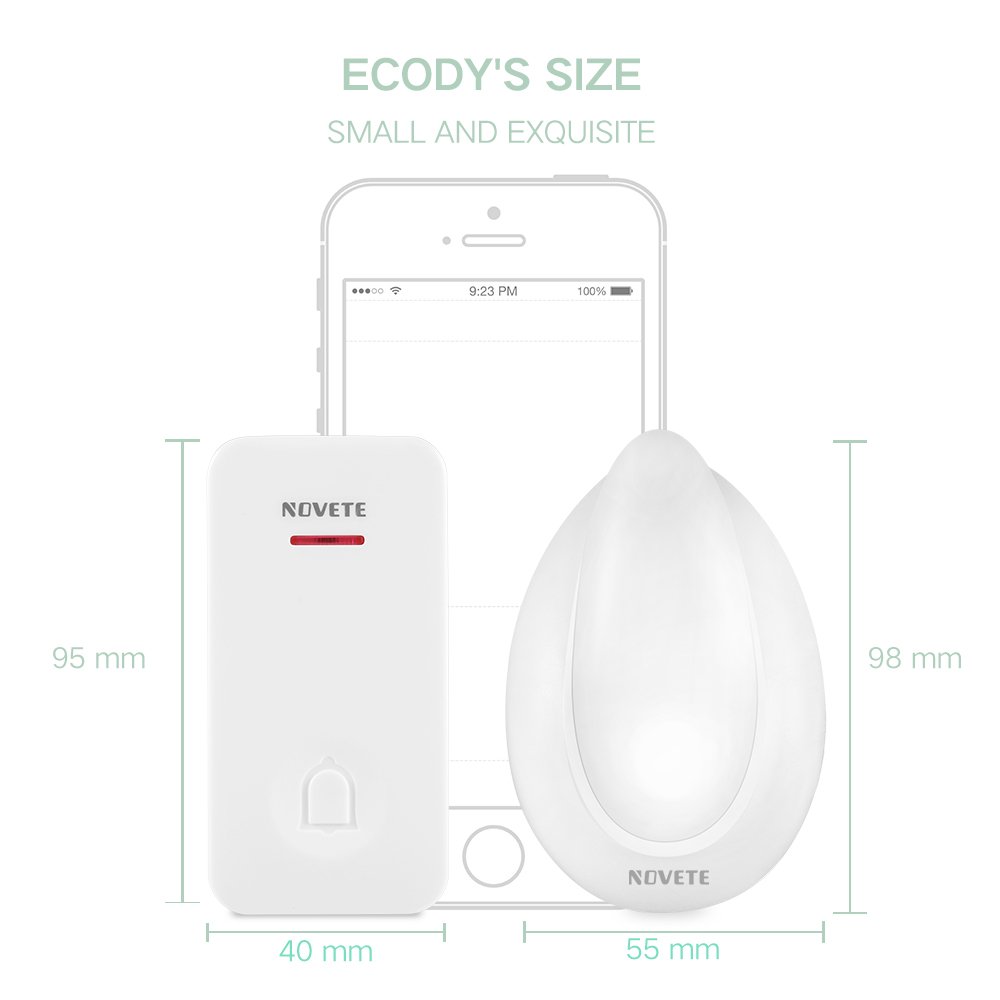 NOVETE Ecody Wireless Doorbell with LED Light, Door Chime Kit w/ Kinetic Self Powered (No Battery Required) and IP7 Waterproof Weatherproof (Immersible in water) Transmitter