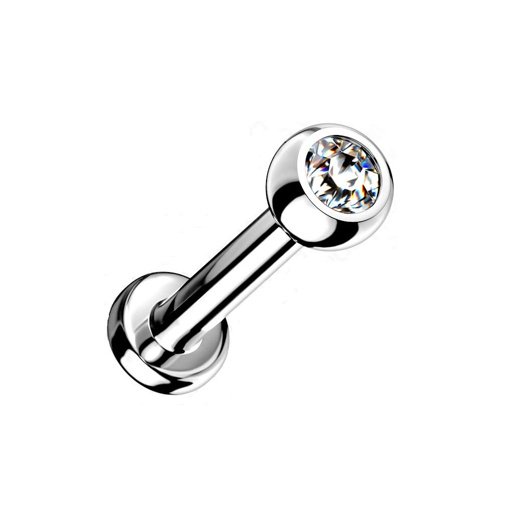 PiercedOff Titanium Labret with Internally Threaded Clear CZ Gem Ball - Thickness 14GA (1.6mm) / Length 8mm / Ball Size 3mm