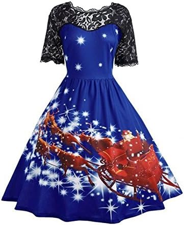Moonuy Christmas Party Dresses for Women Christmas Womens Xmas Dress Sexy Christmas Women's Vintage Lace Short Sleeve Print Christmas Party Swing Dress Swing Party Evening for Women