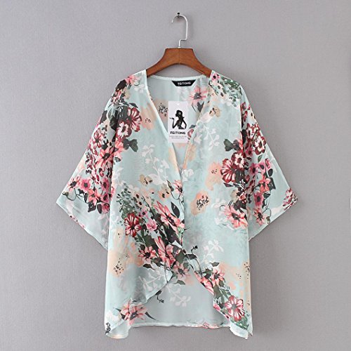 Fabal Beach Cover Women Floral Kimono Loose Half Sleeve Shawl Chiffon Casual Cardigan (M, Green) - Thumbnail 4