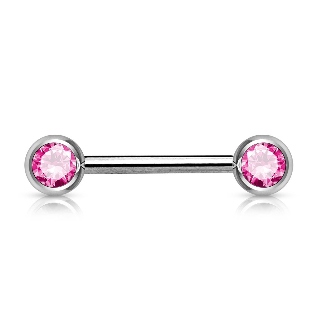 PiercedOff 316L Surgical Steel Nipple Bar with Externally Threaded Forward Facing Pink CZ Gem Balls (Thickness 14GA (1.6mm) / Length 16mm / Ball Sizes 6mm) โ image 1