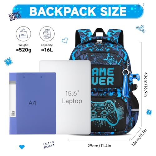 Amythe Boys Bright Backpack, Primary School Bag Teenager Waterproof Durable School Bag with Reflective Strips Large Capacity for Travel, Blue