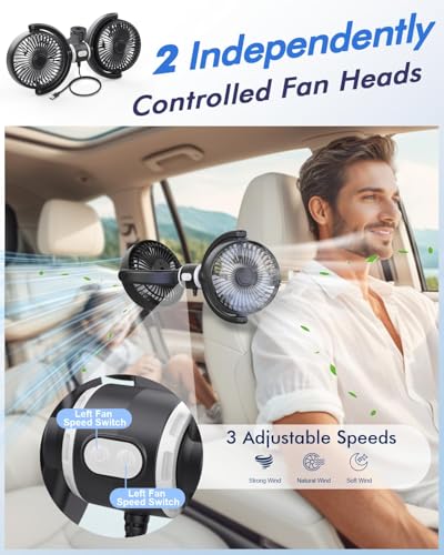 Car Fan USB Powered for Baby: Dual Car Cooling Fans for Backseat 3 Speed Separate Controlled Quiet Brushless Motor 360° Rotatable Rear Seat Air Circulation for Vehicle Van Truck SUV RV(USB Plug)