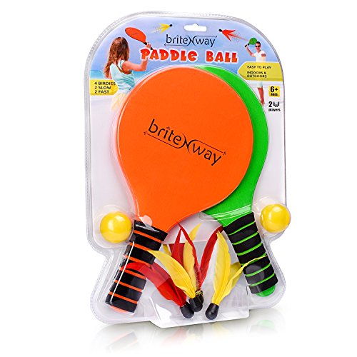 briteNway Paddle Ball Game Bundle With 2 Wooden Racket Paddles, 2 Balls, 4 Shuttlecocks & 1 Carrying Bag – Comfy Grip, Durable Craftsmanship – For Indoors & Outdoors, Beach, Backyard, Garden & More