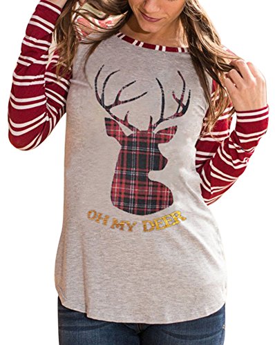 Christmas Women Long Sleeve Printed Red Shirt Raglan Striped Cotton Tops Oh My Deer S