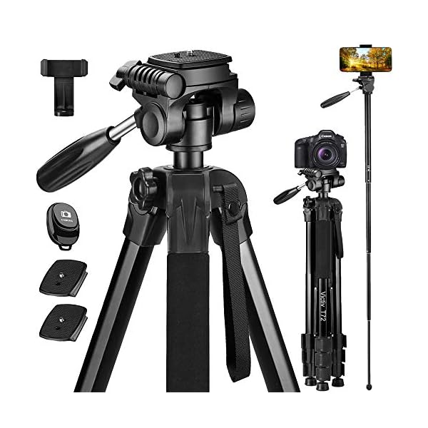 Victiv stativ Kamera 182 cm Aluminium Kamerastativ Einbeinstativ T72 Tripod- Leicht und Kompakt Reisestativ für unterwegs mit 360° Panorama Kugelkopf und 2 Schnellwechselplatte für DSLR - Schwarz