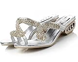 Maybest Womens Faux Rhinestone Mid Heel Open Toe Sandal Slippers (10 B (M) US, Silver)