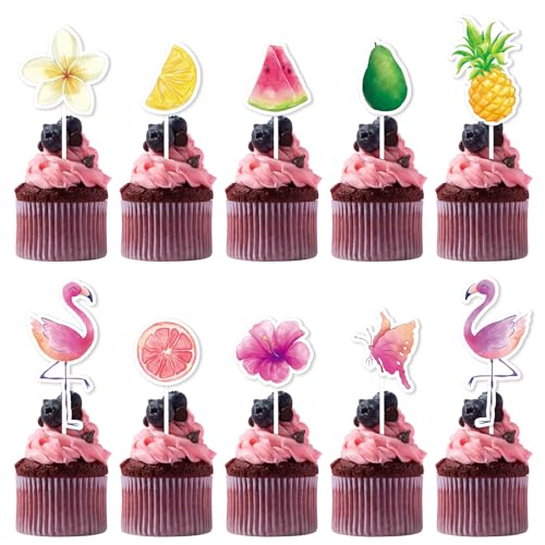 WERNNSAI Flamingo Cupcake Toppers - 40 PCS Tropical Cake Toppers for Summer Pink Birthday Party Supplies Hawaiian Luau Cupcake Picks Dessert Decorations for Tropical Party