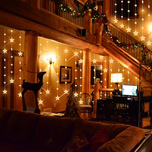 TOFU 80 Stars 144 LED Curtain String Lights, Window Curtain Lights with 8 Flashing Modes & Remote Control, Decoration for Christmas, Wedding, Party, Home, Bedroom, Patio Lawn, Warm White - Thumbnail 2