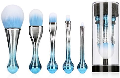 Lollipop Makeup Brushes Set, Silky Select 5pcs Professional Tiny Face Brush with Holder for Cosmetics Eye Shadow Lip Contour Foundation Brushes in Portable Travel Case for Easy Hang and Dry-Blue