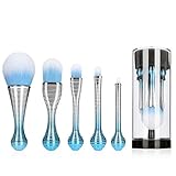 Lollipop Makeup Brushes Set, Silky Select 5pcs Professional Tiny Face Brush with Holder for Cosmetics Eye Shadow Lip Contour Foundation Brushes in Portable Travel Case for Easy Hang and Dry-Blue