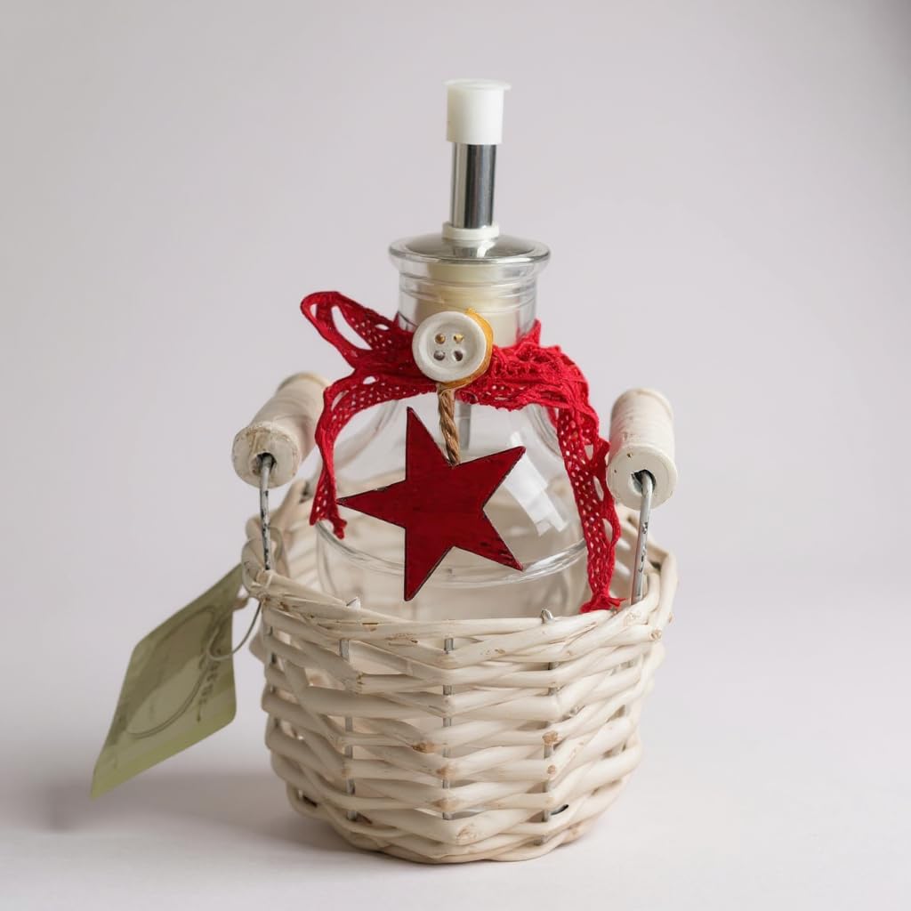 GMM Cylindrical Oil Bottle with Glass Lid 250 ml Capacity with White Wooden Basket and Red Christmas Decoration