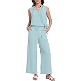 ROYLAMP 2025 Women'S Summer 2 Piece Outfits Sleeveless Ruffled V Neckline Tops High Waisted Pants Sets