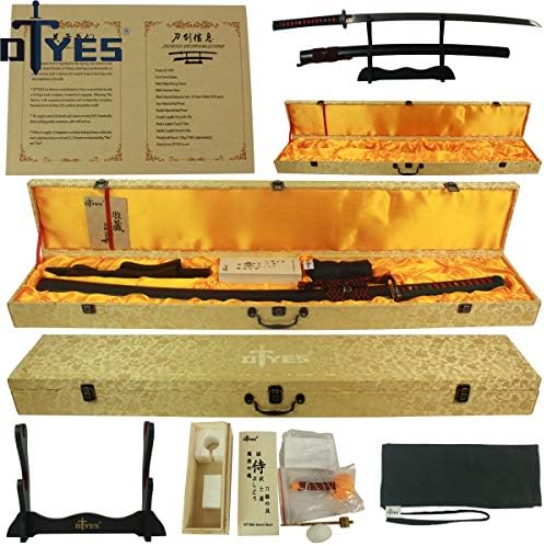 DTYES Full Handmade Japanese Samurai Katana Sword&Wooden Katana Sword Box&Sword Collection Certificate&Sword Display Stand&Sword Care Maintenance and Cleaning Tools Kit&Gray Cotton Katana Sword Bag