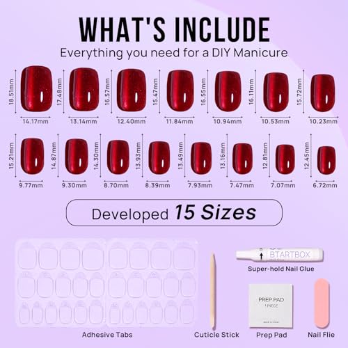 BTArtbox Press On Nails Red - Cat Eye Press On Nails Square for Gifts,Cherry Short Stick On Nails with Glue, Glossy Reusable Nail Tips in 15 Sizes - 30 Soft Gel Fake Nails Kit, Hot Love - Image 6