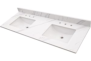 MSI Calacatta Lumas Vanity Top with Under Mount Rectangle Double Bowl Ceramic Sinks, Engineered Marble Stone, 4" CC Faucet Holes, 61"X22"
