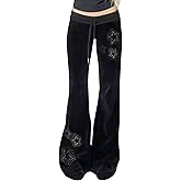 Bosloga Velvet Star Rhinestone Flare Pants for Women, Bootcut Low Rise Drawstring Bell Bottoms, Y2K Streetwear