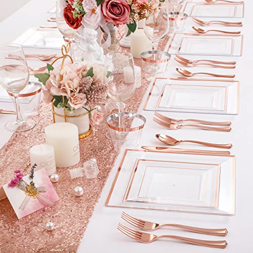 WELLIFE 150 Pieces Rose Gold Square Plastic Plates with Silverware and