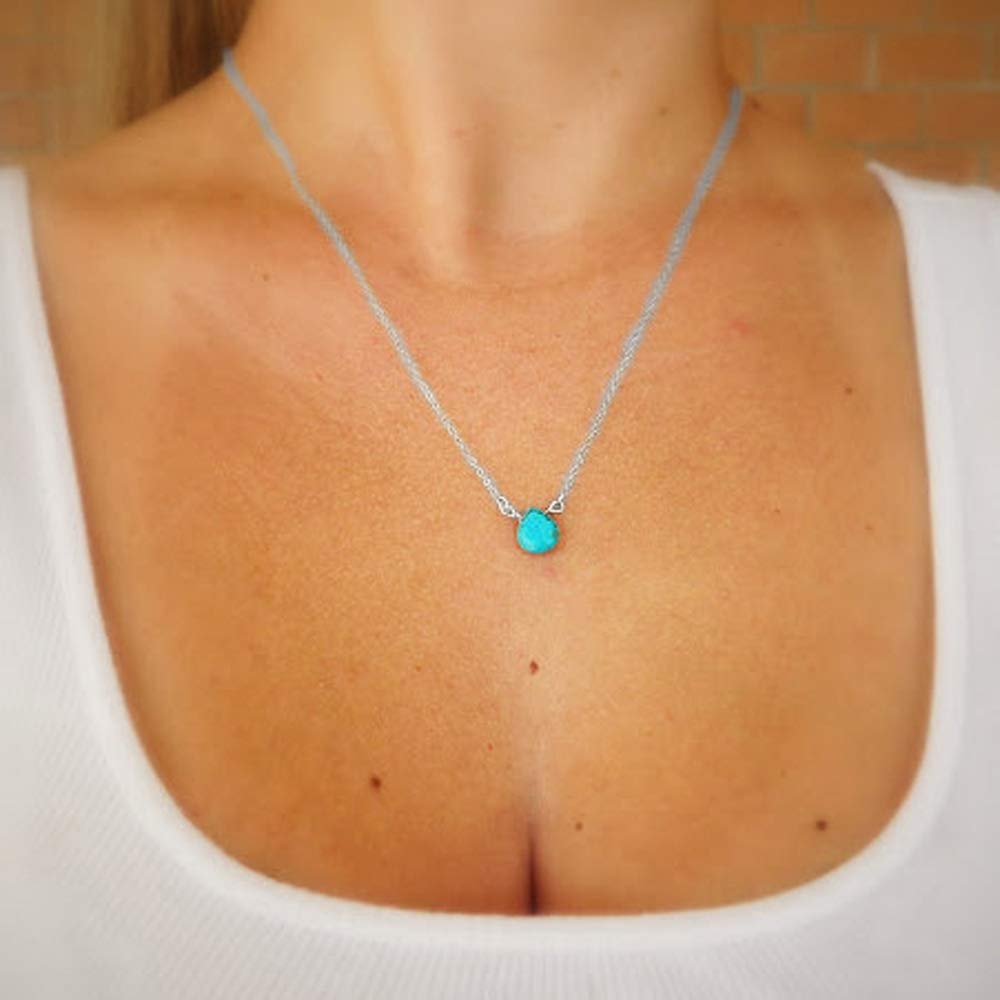 TseenYi Turquoise Teardrop Necklace Choker Silver Floating Turquoise Pendant Necklace Chain Boho Charm Chain Necklace Jewelry (Silver)