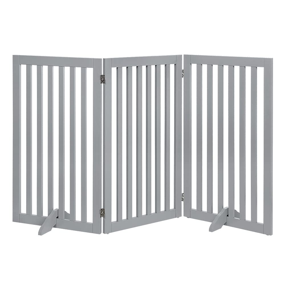 unipaws Freestanding Extra Tall Pet Gate, Folding Wooden Dog Gate, Indoor Barrier with 2PCS Support Feet, Up to 152cm Wide 91cm Height, Light Grey