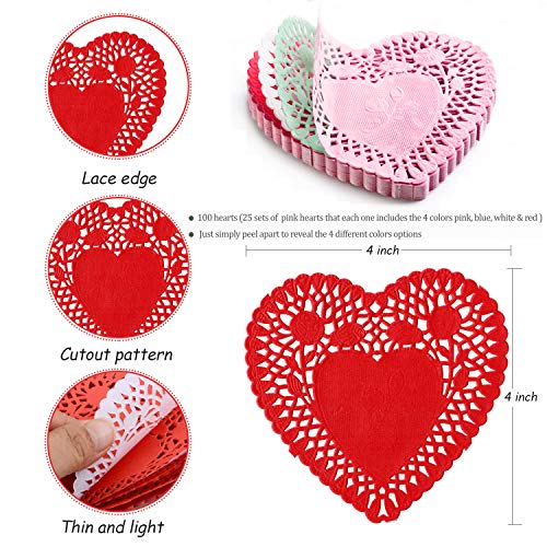 rivcoim Mini Valentine's Heart doilies 4 inch, Colors Red, Pink, White, and Blue(100 pcs)