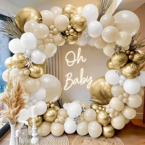 156 Pcs Sand White Gold Balloon Arch Kit, White White Nude and Metallic Chrome Gold Balloons for Boho Wedding, Bridal Shower, Birthday Decorations, Engagement, Anniversary