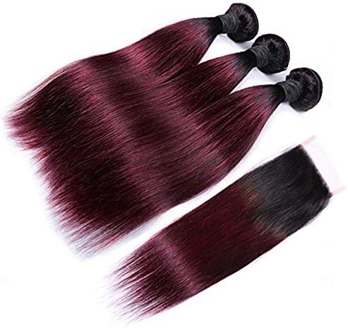 Ombre Peruvian Hair Bundles with Closure 1B/99J Straight Bundles with Lace Closure 9A Burgundy Human Remy Hair Weave 3 Bundles with Middle Free Three Part Closure (20 22 24+18 inches)