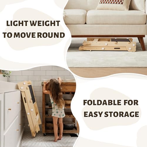 Labebe Learning Tower for Children, 3 in 1 Montessori Foldable Observation Tower, Multifunctional Adjustable Learning Tower with Double-Sided Board from 1 Year (Wood)
