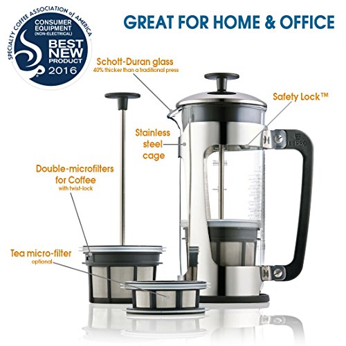 Espro Press P5 - French Press Coffee Press with Thick & Durable SCHOTT Duran glass + Bonus Wooden Stirring Spoon (with Coffee Filter, 18 oz)
