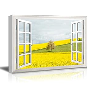 Canvas Wall Art - Window Peering into a Field with a Lone Tree and Yellow Flowers - Giclee Print Gallery Wrap Modern Home Art Ready to Hang - 12x18 inches