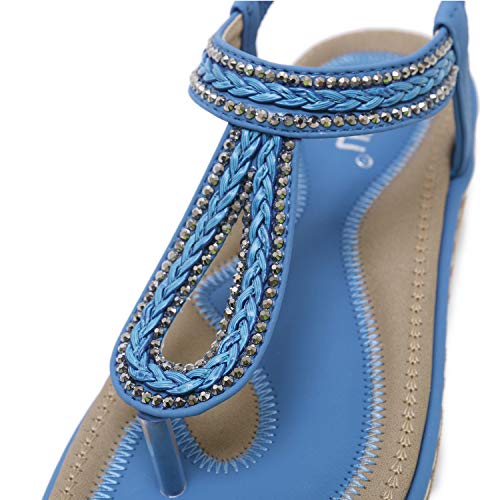 DolphinBanana Women's Bohemian Simple T-Strap Summer Flat Thong Sandals, Sapphire Blue Flip Flops Glitter Shiny Rhinestone Herringbone Woven Tape Shoes for Dressy Casual Jeans Daily Wear and Beach Vacation