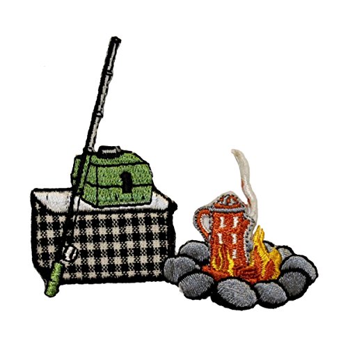 ID 0102 Campfire Fishing Pole Patch Camp Outdoor Embroidered Iron On Applique