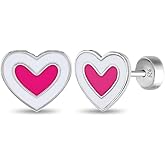 925 Sterling Silver Safety Back Stud Pink White Heart Earrings For Kids, Toddlers & Little Girls- Secure and Comfortable Adorable Heart-Shaped Girl Studs For Ultra Sensitive Ears