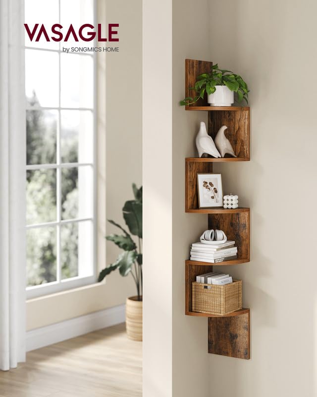 VASAGLE Corner Shelf Wall Mount, 5Tier Floating Corner Bookshelf