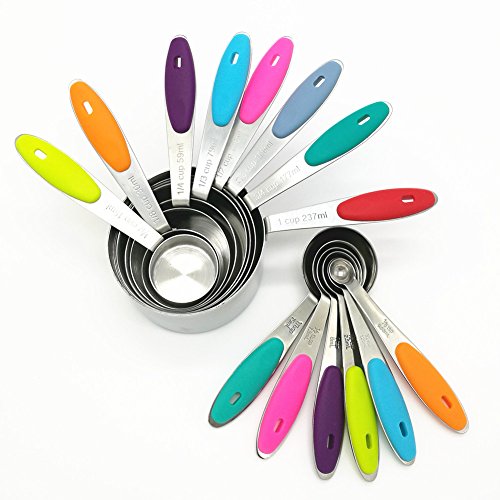 Smithcraft Set of 14 Premium 18/8 Stainless Steel Measuring Cups and Spoon Set with Color Silicone Handle Perfect Measuring cup - Thumbnail 4