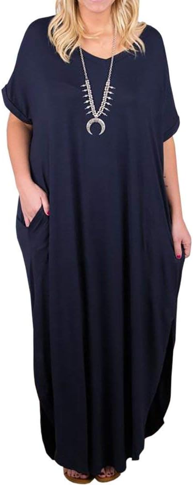Women's Plus Size Maxi Dresses Short Sleeve Casual Summer Split T Shirt Long Dress with Pockets
