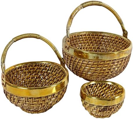 Metal Fencing Decorative Round Deep Basket Wooden Wicker Cane Baskets Set of 3 Pieces