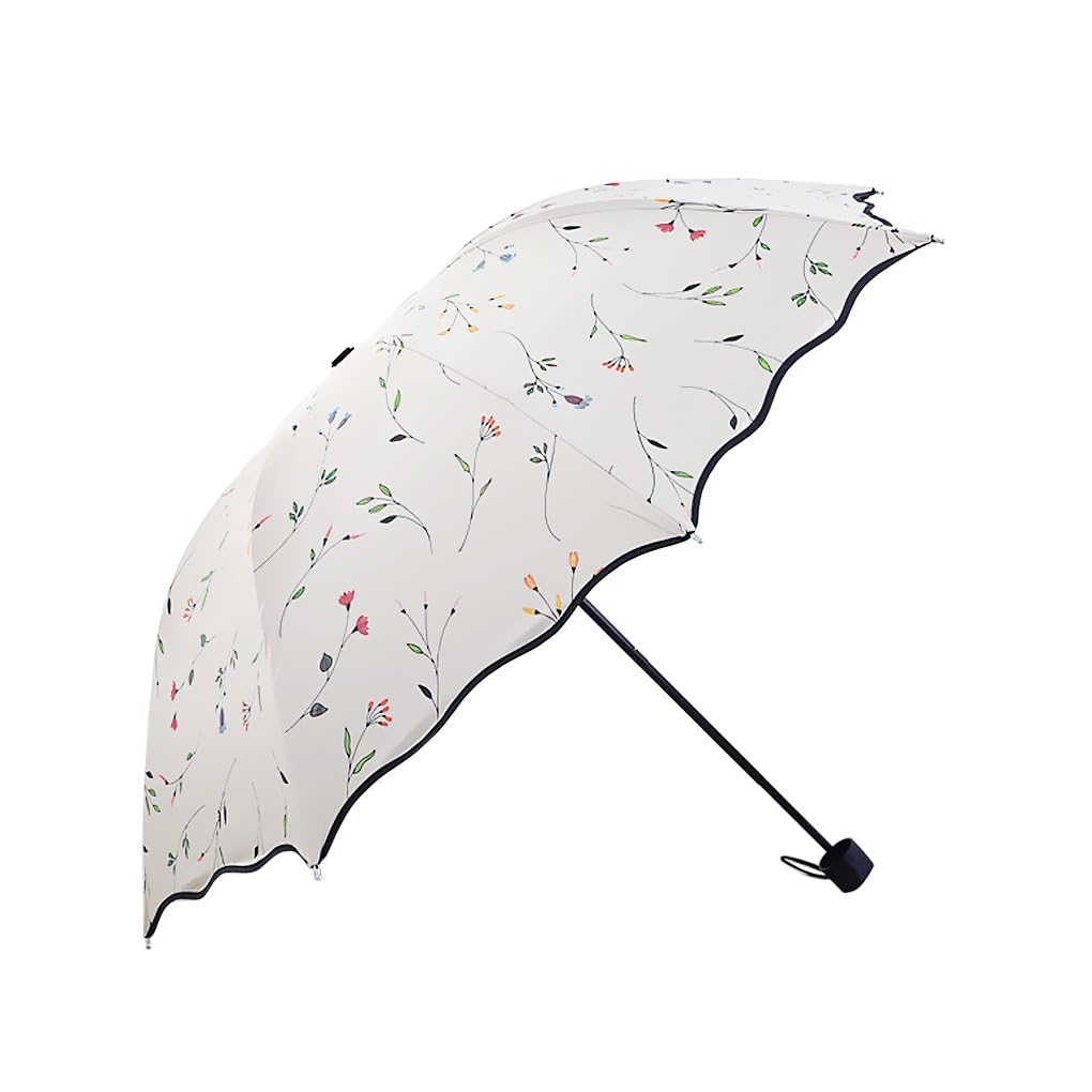 JIAHG Women’s Folding Floral Sun Umbrella Portable UV Protection Ladies Sun Parasol Windproof Strong Compact Umbrella Summer UPF 50+ Lightweight Travel Garden Sun Rain Umbrellas (White)
