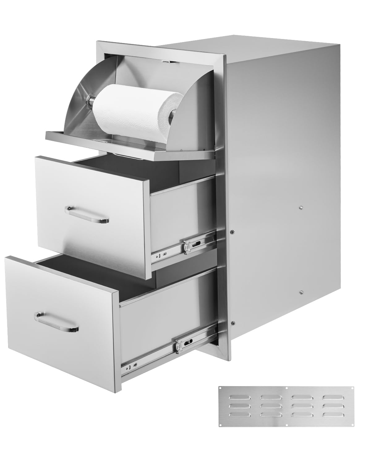 Photo 1 of VEVOR Outdoor Kitchen Drawers, 16.5"W x 29"H x 20.5"D Triple Access Drawers, Stainless Steel Flush Mount Cabinets, BBQ Island Drawers Storage with Paper Towel Holder & Handle, for Patio Grill Station