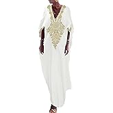 Bsubseach Gold Embroidery Long Kaftan Dresses V Neck Caftan Dress Beach Cover Ups for Women Embroidery